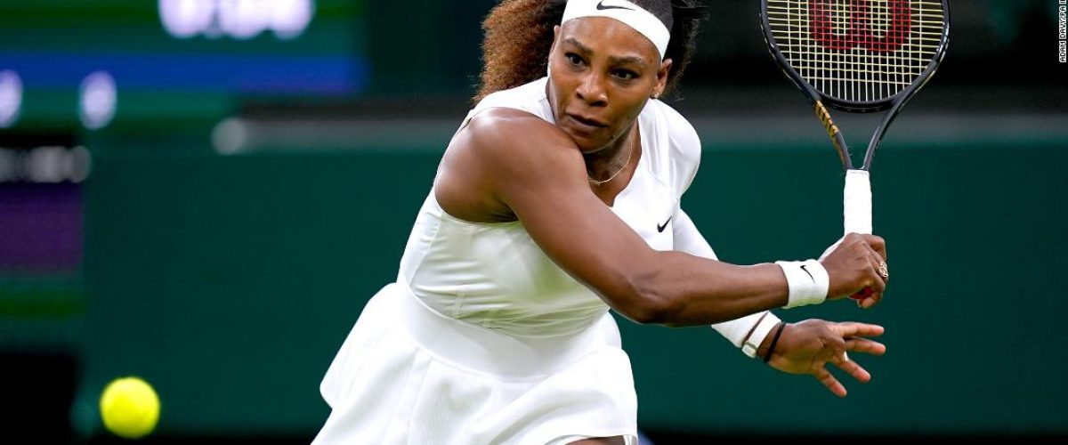 Serena Williams in action during her first round ladies' singles match against Aliaksandra Sasnovich on centre court on day two of Wimbledon at The All England Lawn Tennis and Croquet Club, Wimbledon. Picture date: Tuesday June 29, 2021. (Photo by Adam Davy/PA Images via Getty Images)